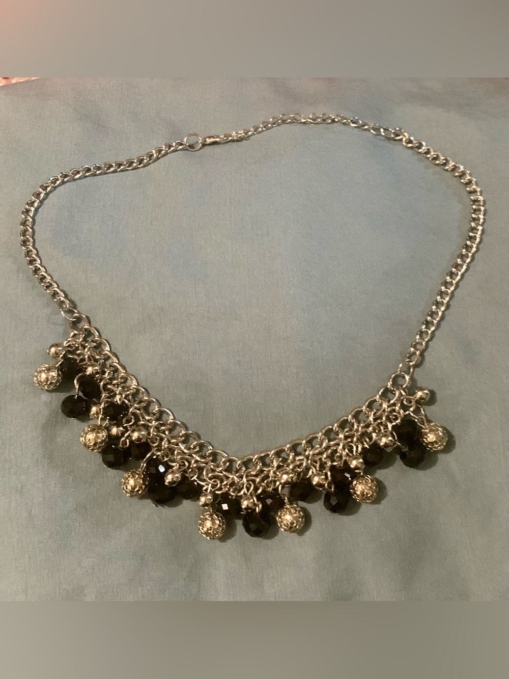Silver-Tone Necklace with Black Beads and Filigree Dangles